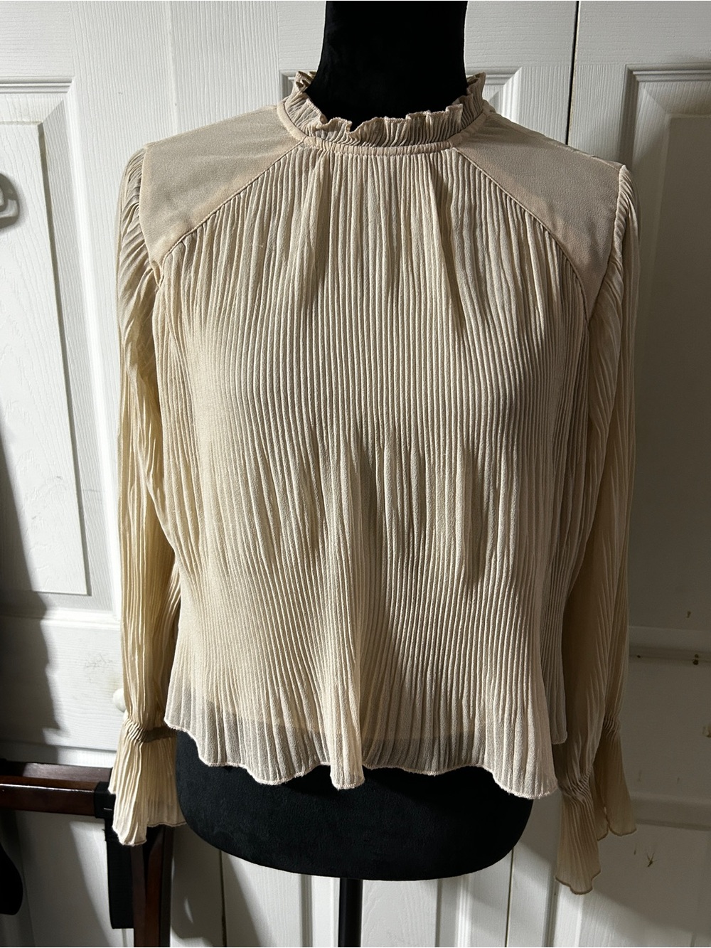 Zara Women's Cream Pleated Long-Sleeve Blouse